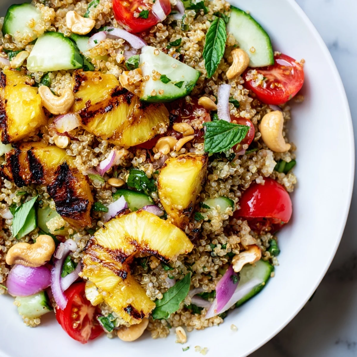 Smoky charred pineapple pieces nestled in a bright grilled pineapple basil quinoa grain salad bowl