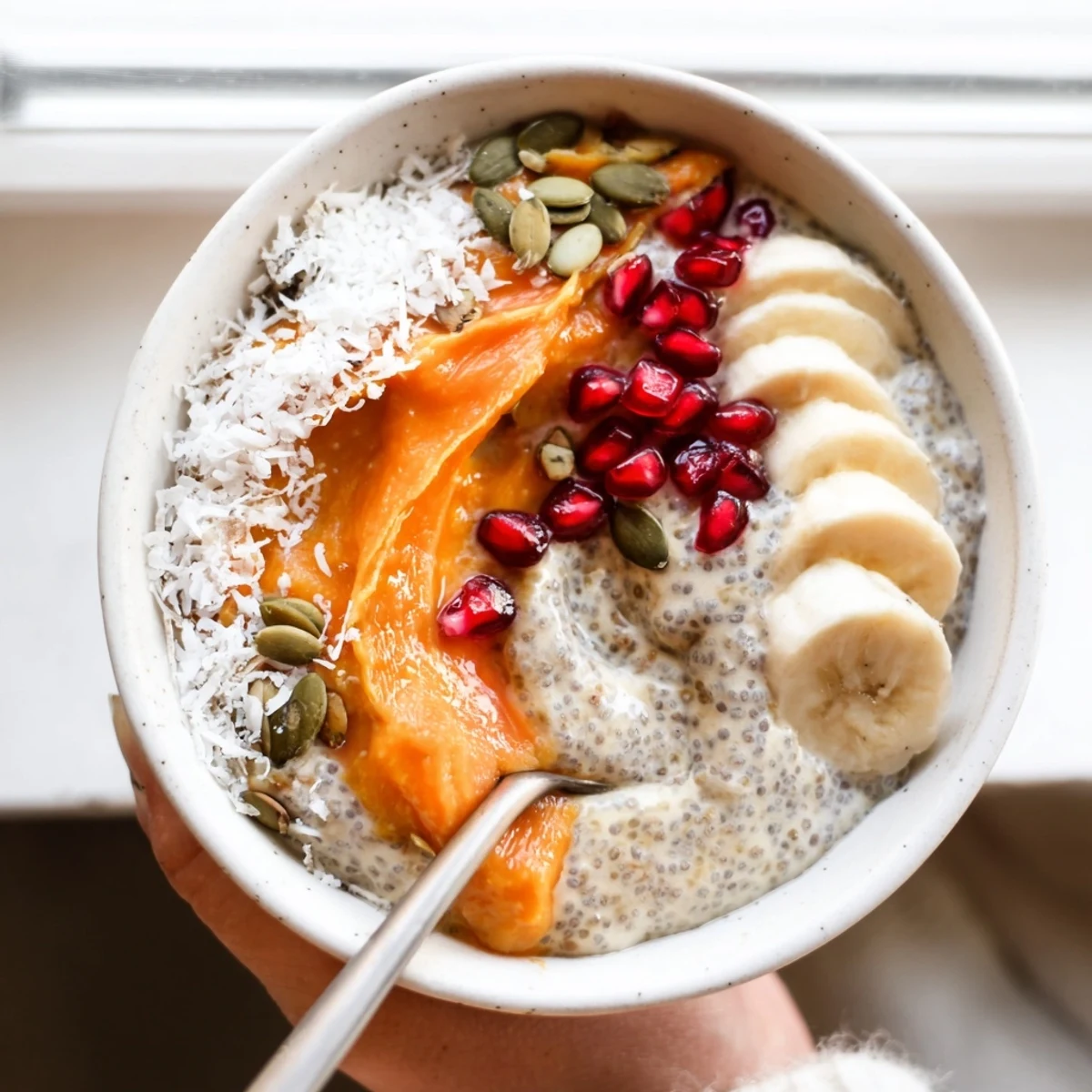 Velvety Persimmon Coconut Vanilla Chia Breakfast Bowl topped with pomegranate seeds and sliced banana