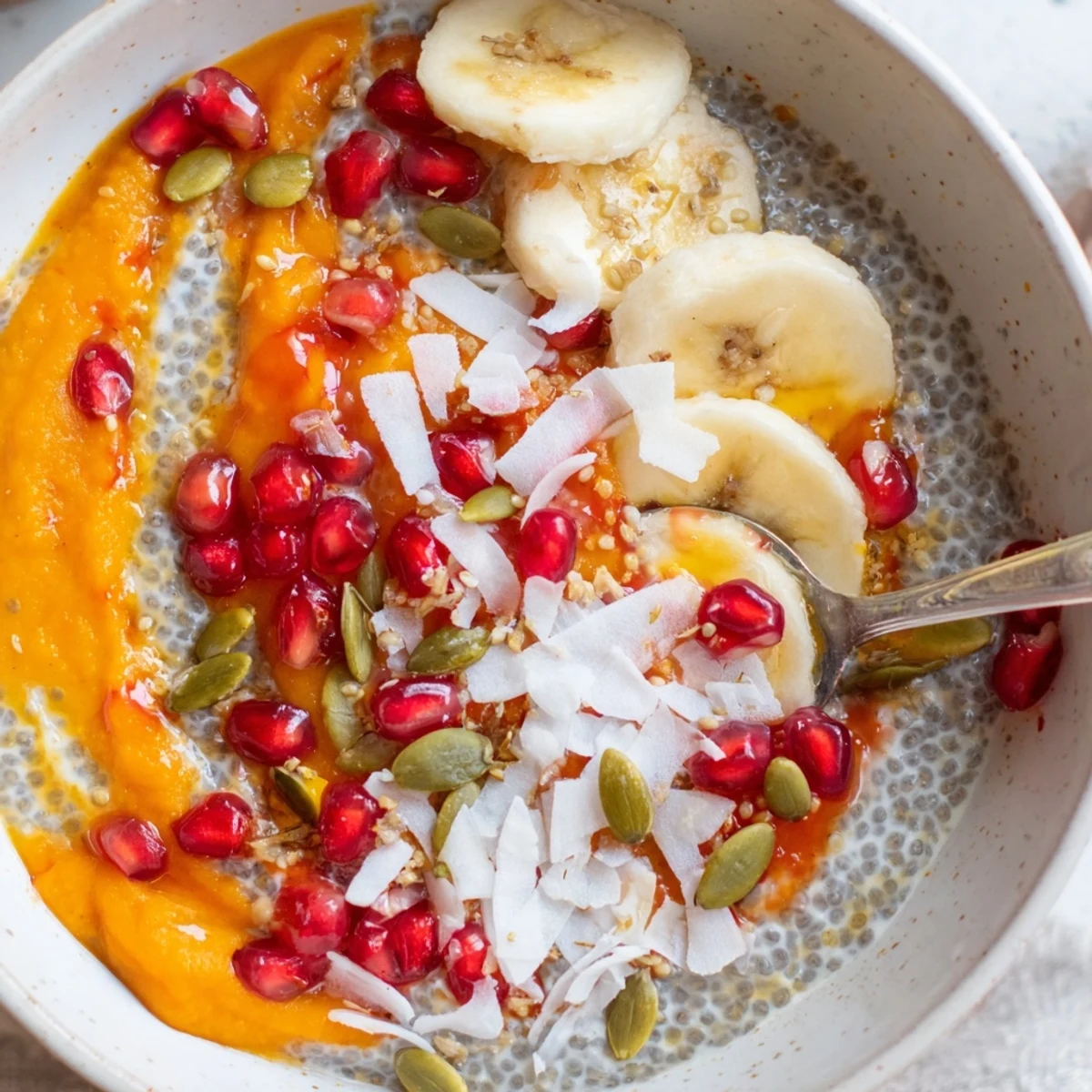 Creamy Persimmon Coconut Vanilla Chia Breakfast Bowl layered with golden persimmon purée and toasted coconut
