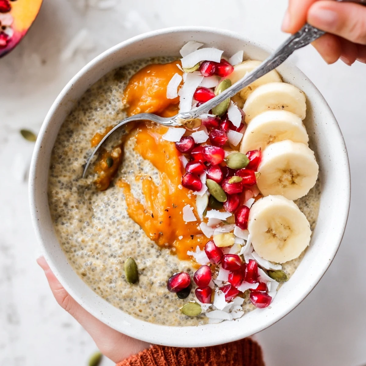 Bright persimmon purée crowns this thick Persimmon Coconut Vanilla Chia Breakfast Bowl with crunchy pumpkin seeds