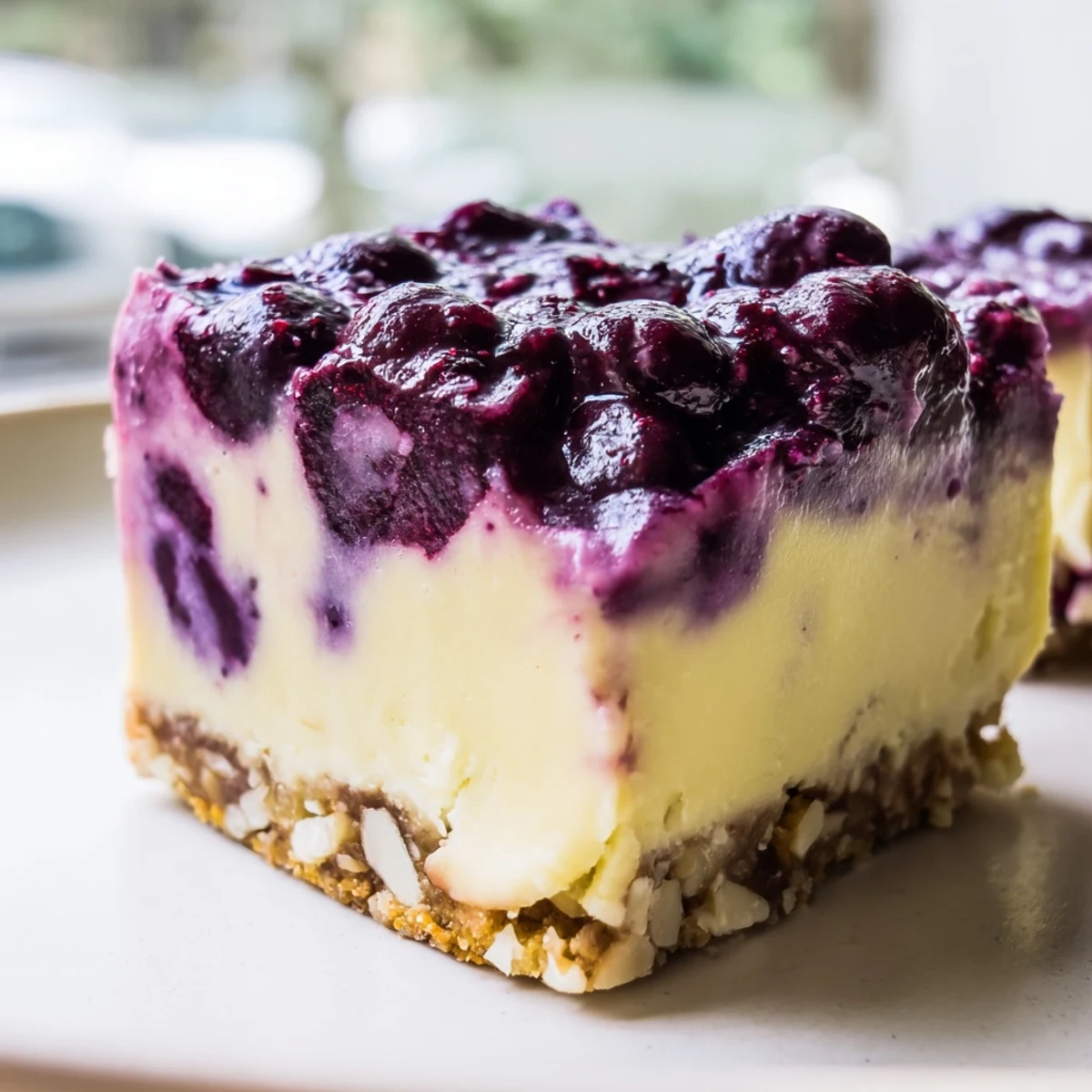Lemon Blueberry Cashew Cream Squares with vibrant purple berry topping on silky white filling