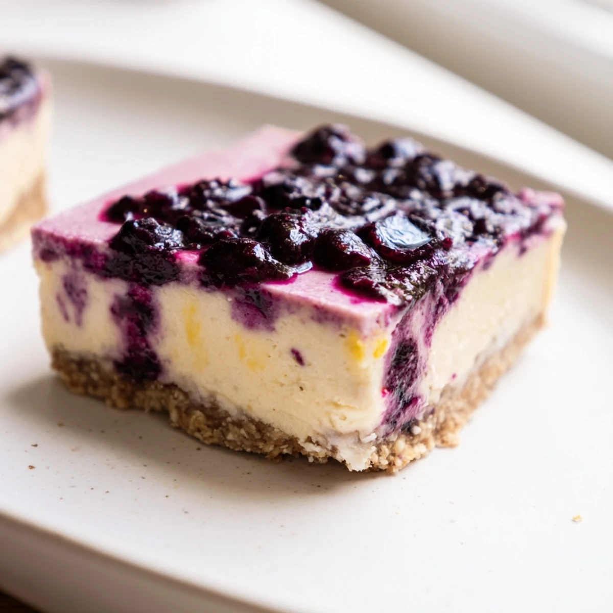 Creamy Lemon Blueberry Cashew Cream Squares cut into perfect portions on a rustic wooden board