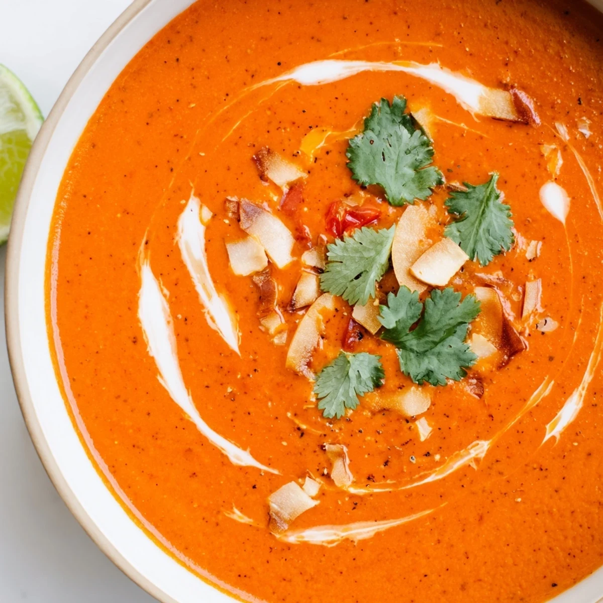 Creamy Spiced Red Pepper Coconut Lentil Soup in a white bowl with fresh cilantro garnish