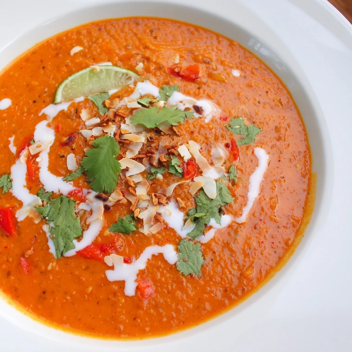 Golden orange Spiced Red Pepper Coconut Lentil Soup steaming in a rustic ceramic bowl