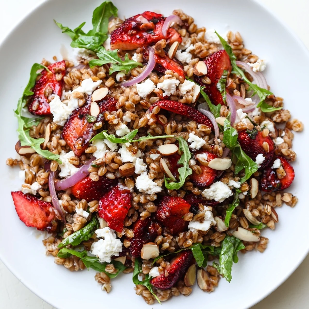 Roasted strawberry black pepper farro grain salad with caramelized berries and crumbled feta on rustic stoneware