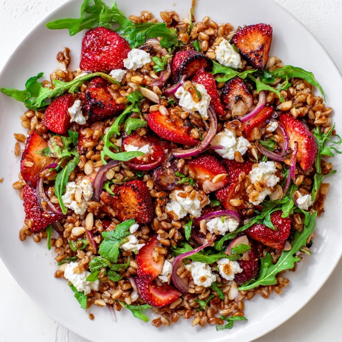 Nutty farro grain salad topped with sweet roasted strawberries, arugula, and toasted sliced almonds