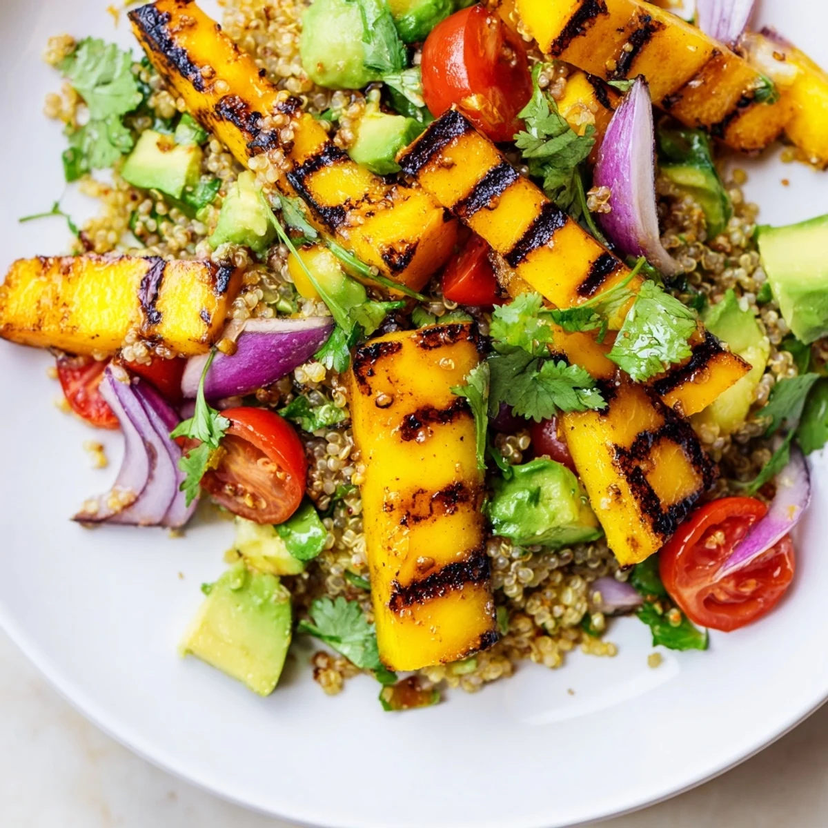 Colorful Grilled Mango Avocado Quinoa Grain Salad in a rustic wooden serving bowl