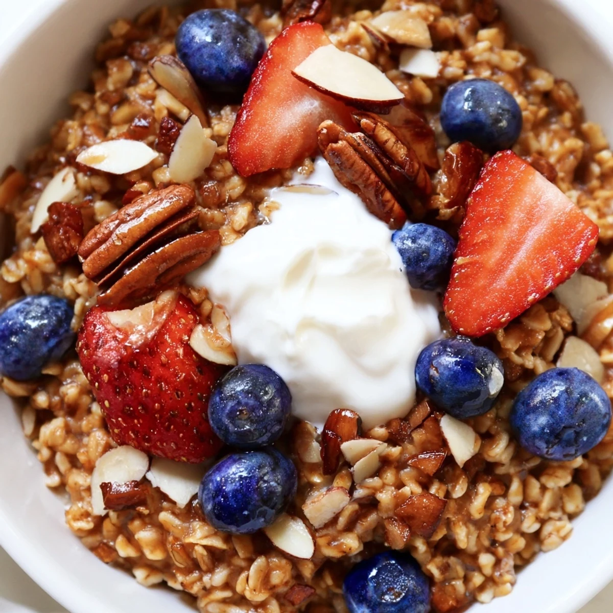 Creamy vanilla cardamom oat groats breakfast bowl topped with fresh berries and toasted nuts