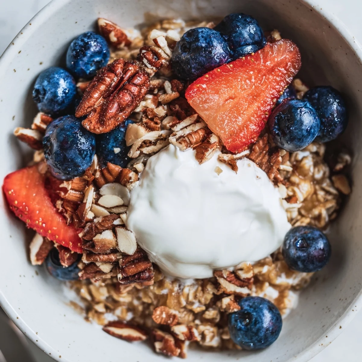 Warm oat groats infused with vanilla and cardamom served in a rustic white bowl