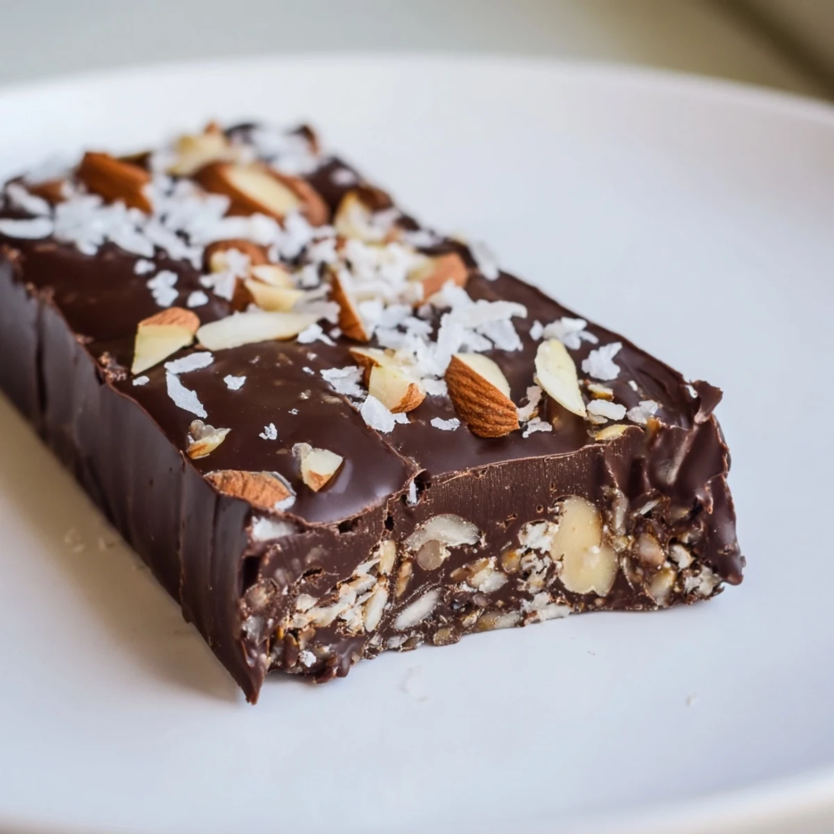 Glossy Dark Chocolate Almond Coconut Crunch Bars topped with sliced almonds and flaky sea salt