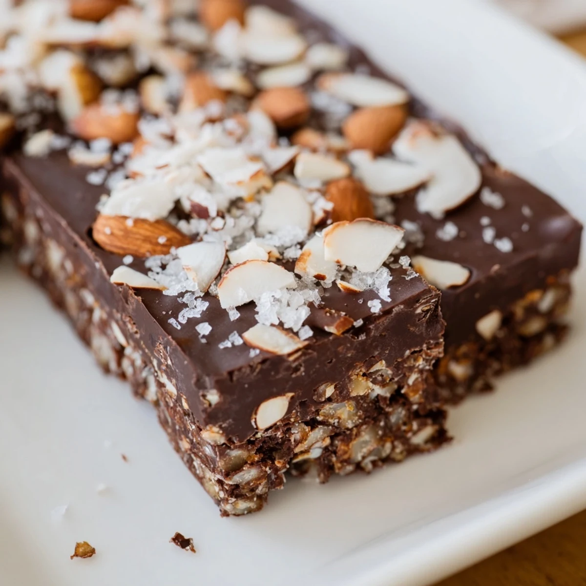 Dark Chocolate Almond Coconut Crunch Bars cut into squares revealing chewy coconut almond layers