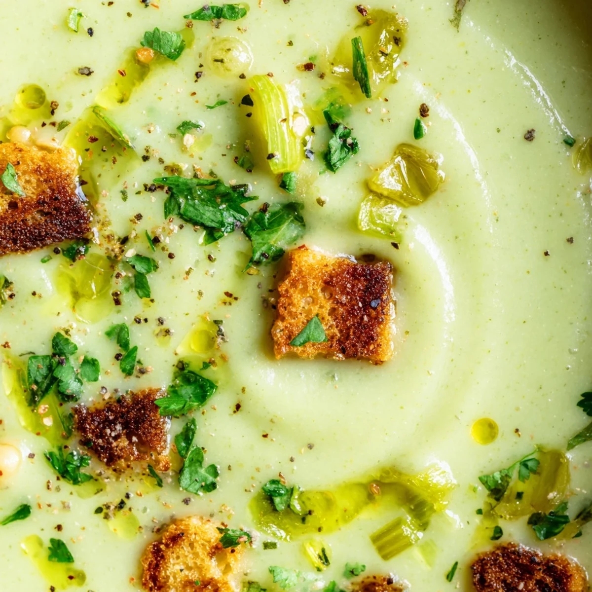 Creamy roasted celery white bean soup in a rustic bowl with fresh parsley garnish