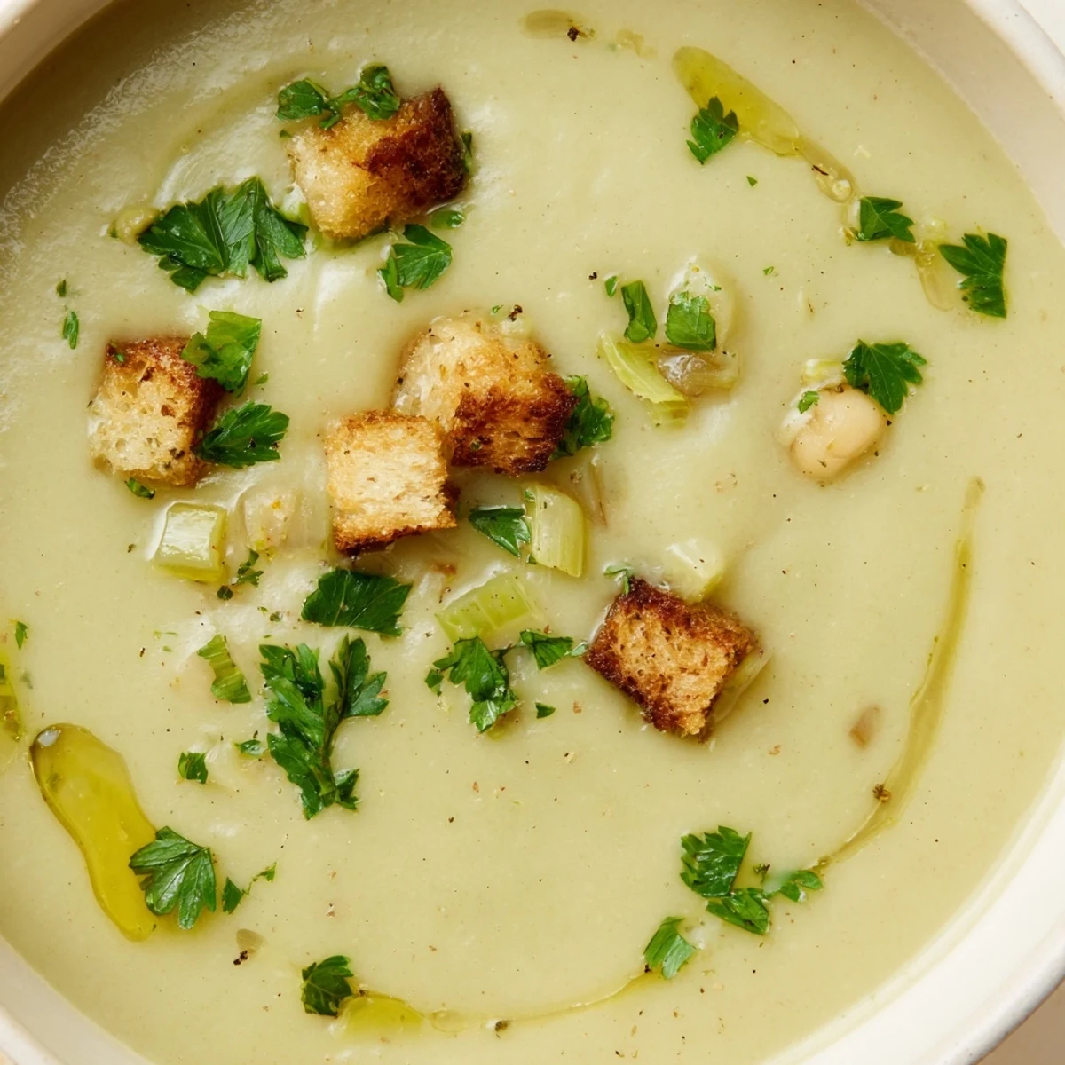 Steaming bowl of roasted celery and white bean hearty soup with croutons