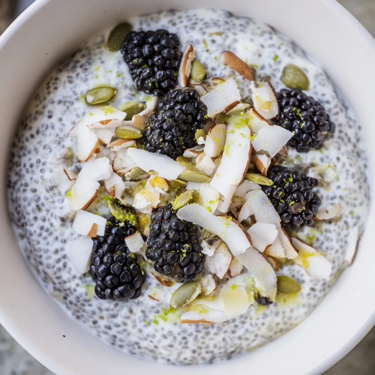 Creamy Coconut Lime Blackberry Chia Breakfast Bowl topped with fresh berries and toasted coconut flakes