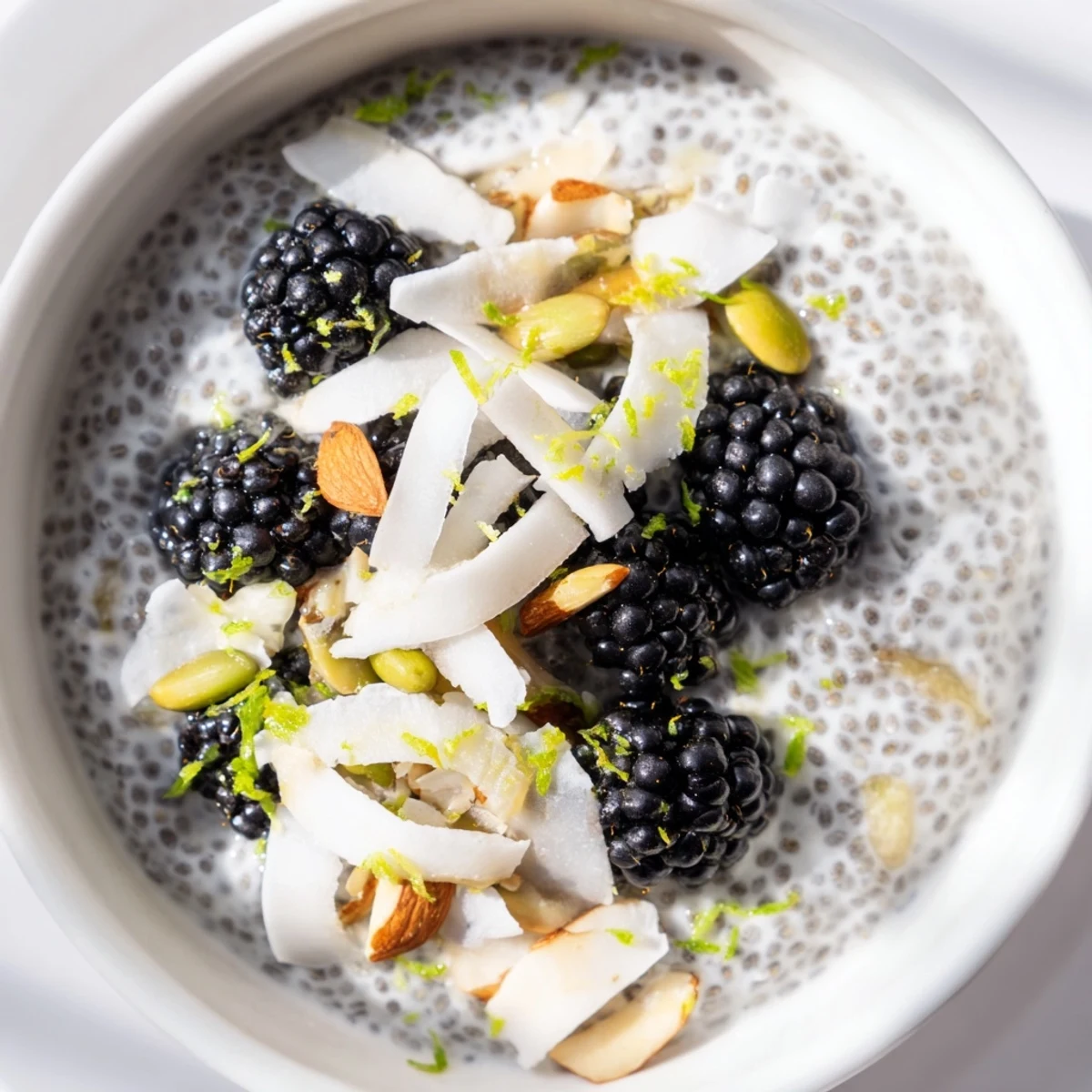 Vibrant Coconut Lime Blackberry Chia Breakfast Bowl garnished with pumpkin seeds and zesty lime zest