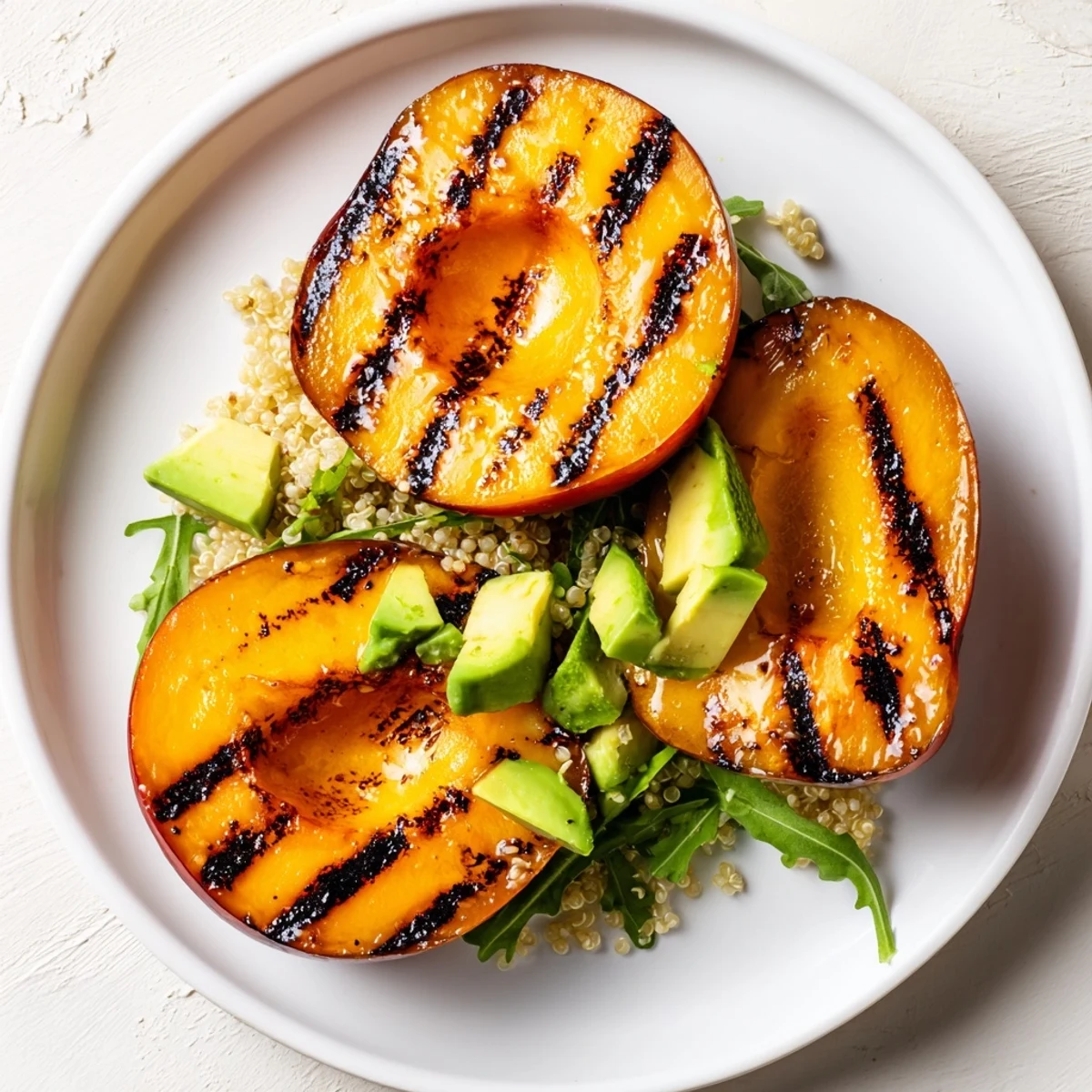 Grilled Peach Avocado Quinoa Grain Salad topped with smoky peaches and fresh greens