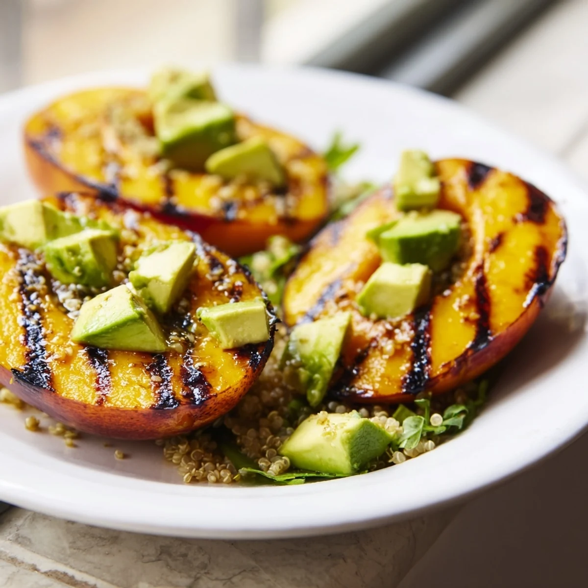 Colorful Grilled Peach Avocado Quinoa Grain Salad tossed in zesty lime vinaigrette dressing