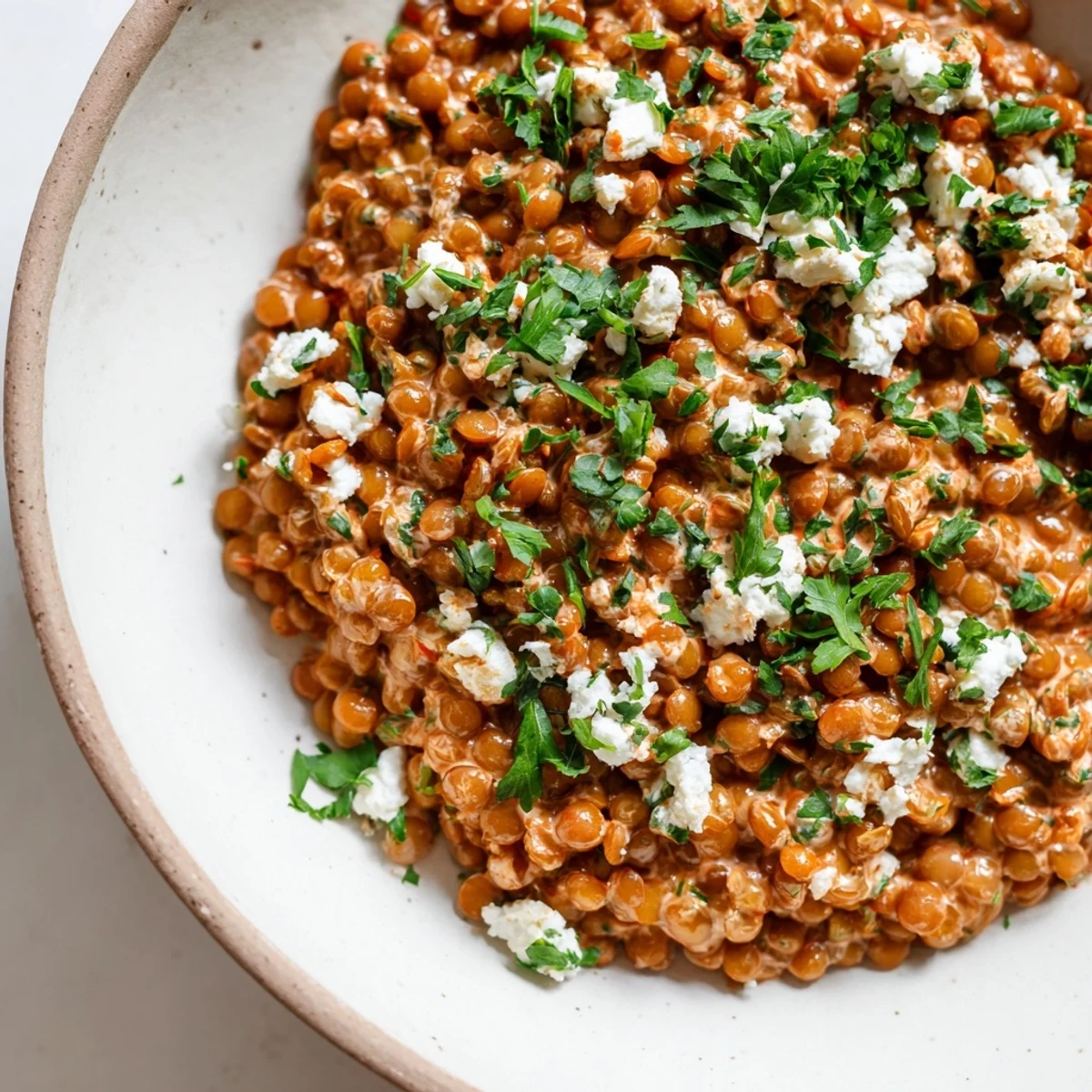 Warm harissa lentil breakfast bowl topped with runny egg and fresh herbs