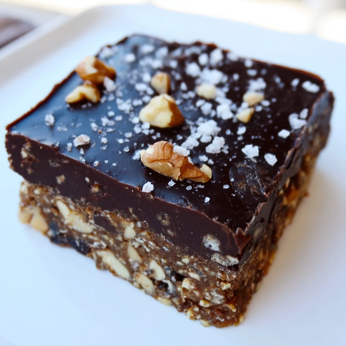 Chewy Dark Chocolate Walnut Date Crunch Bars cut into squares showing layered oat and date base