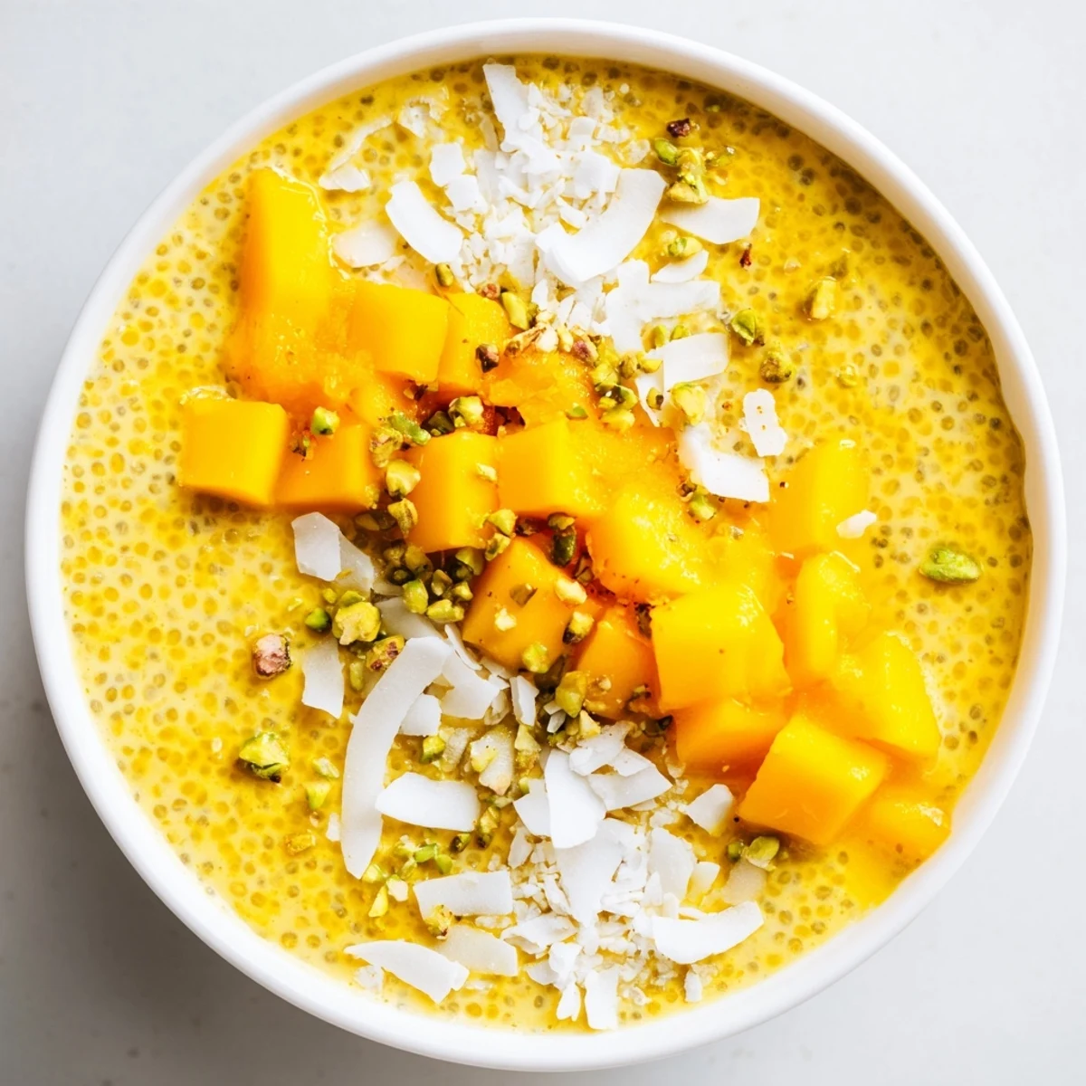 Creamy Mango Coconut Saffron Chia Breakfast Bowl topped with fresh diced mango and toasted coconut flakes