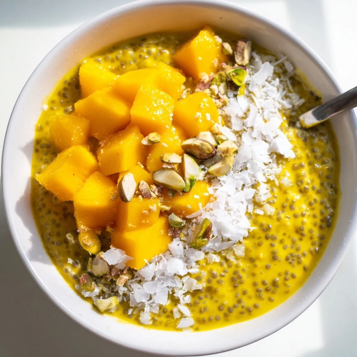 Golden saffron-infused Mango Coconut Saffron Chia Breakfast Bowl in a white ceramic bowl with tropical garnishes