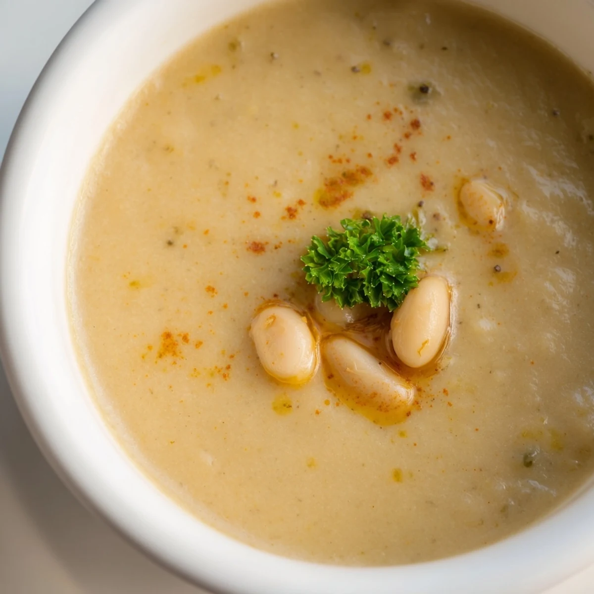 Creamy roasted onion white bean soup ladled into a rustic bowl with fresh parsley garnish