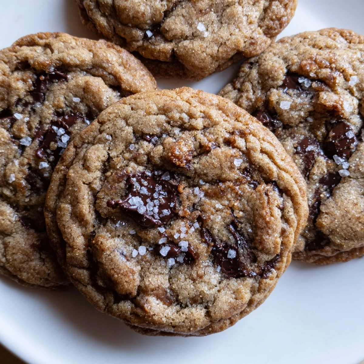 Golden brown butter salted honey chocolate chip cookies with melty chips and flaky sea salt topping