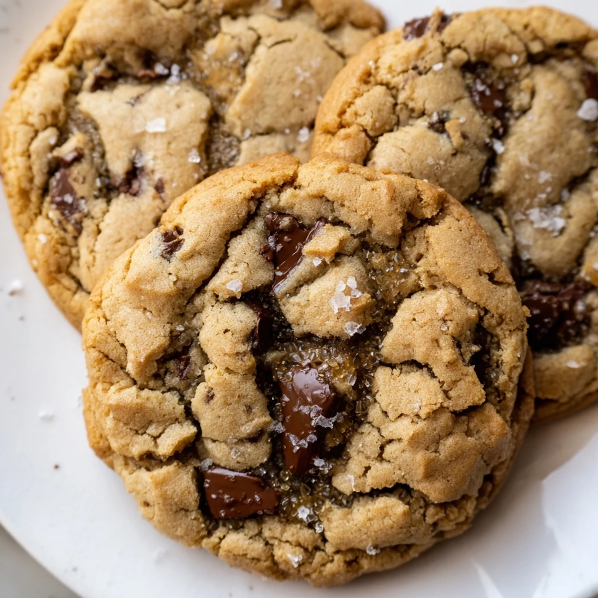 Chewy brown butter salted honey chocolate chip cookies fresh from the oven with gooey chocolate centers