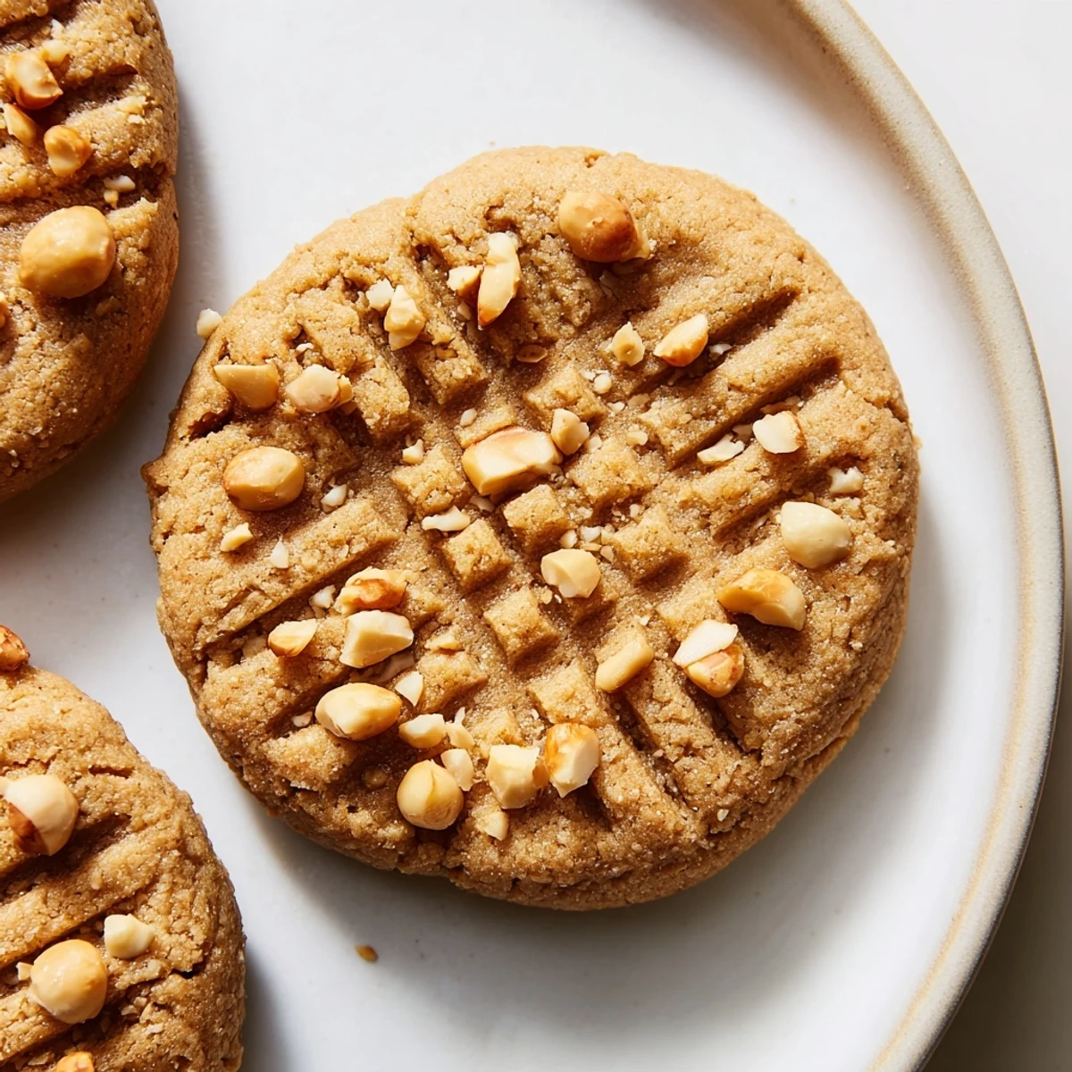 Golden keto maple hazelnut butter cookies with crisscross marks on parchment paper