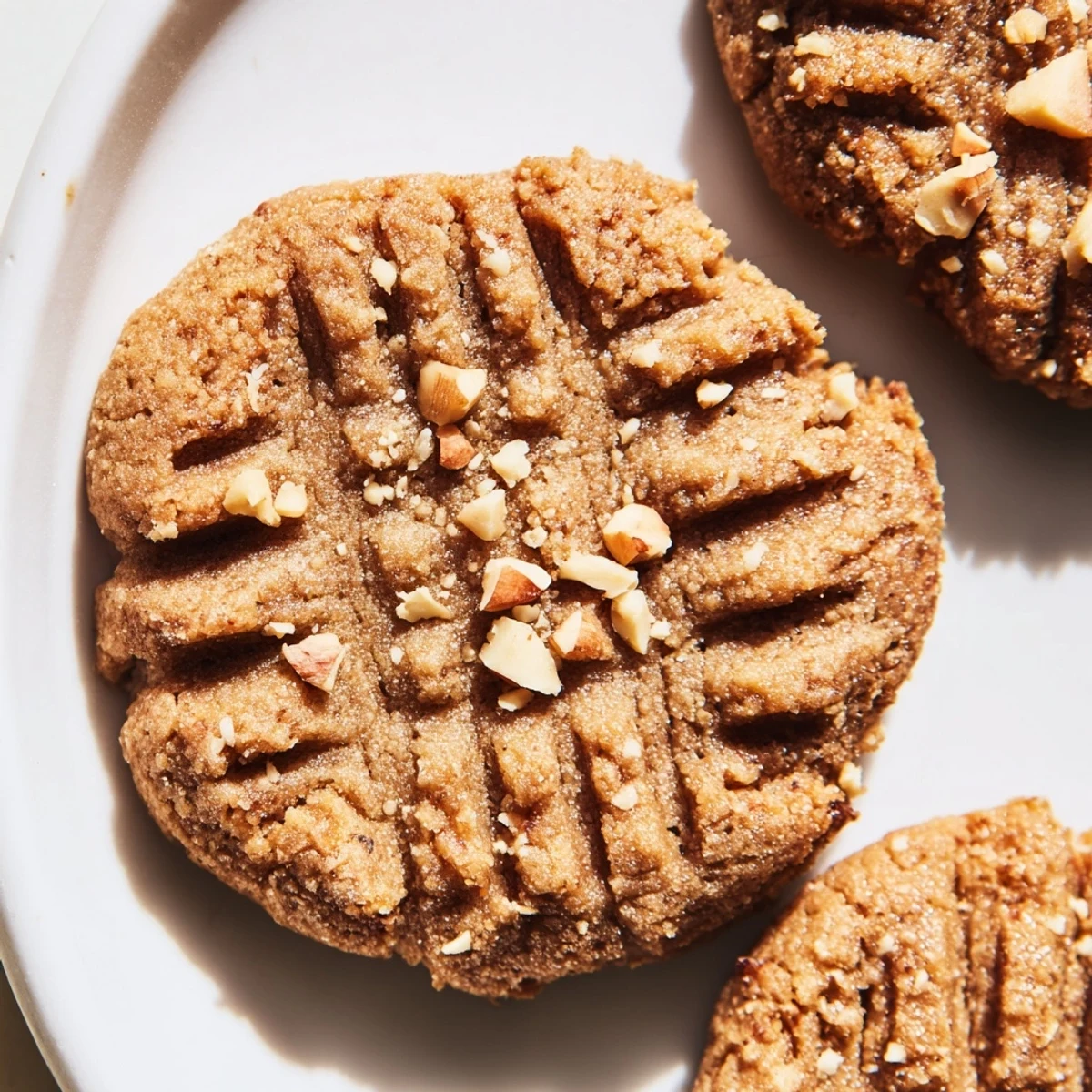 Warm keto maple hazelnut butter cookies topped with chopped toasted hazelnuts on a cooling rack