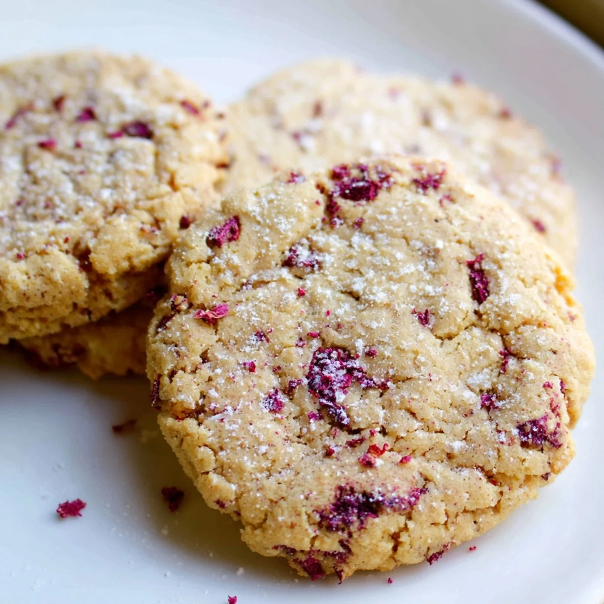Vegan coconut hibiscus sugar cookies with crisp golden edges and speckled pink petals
