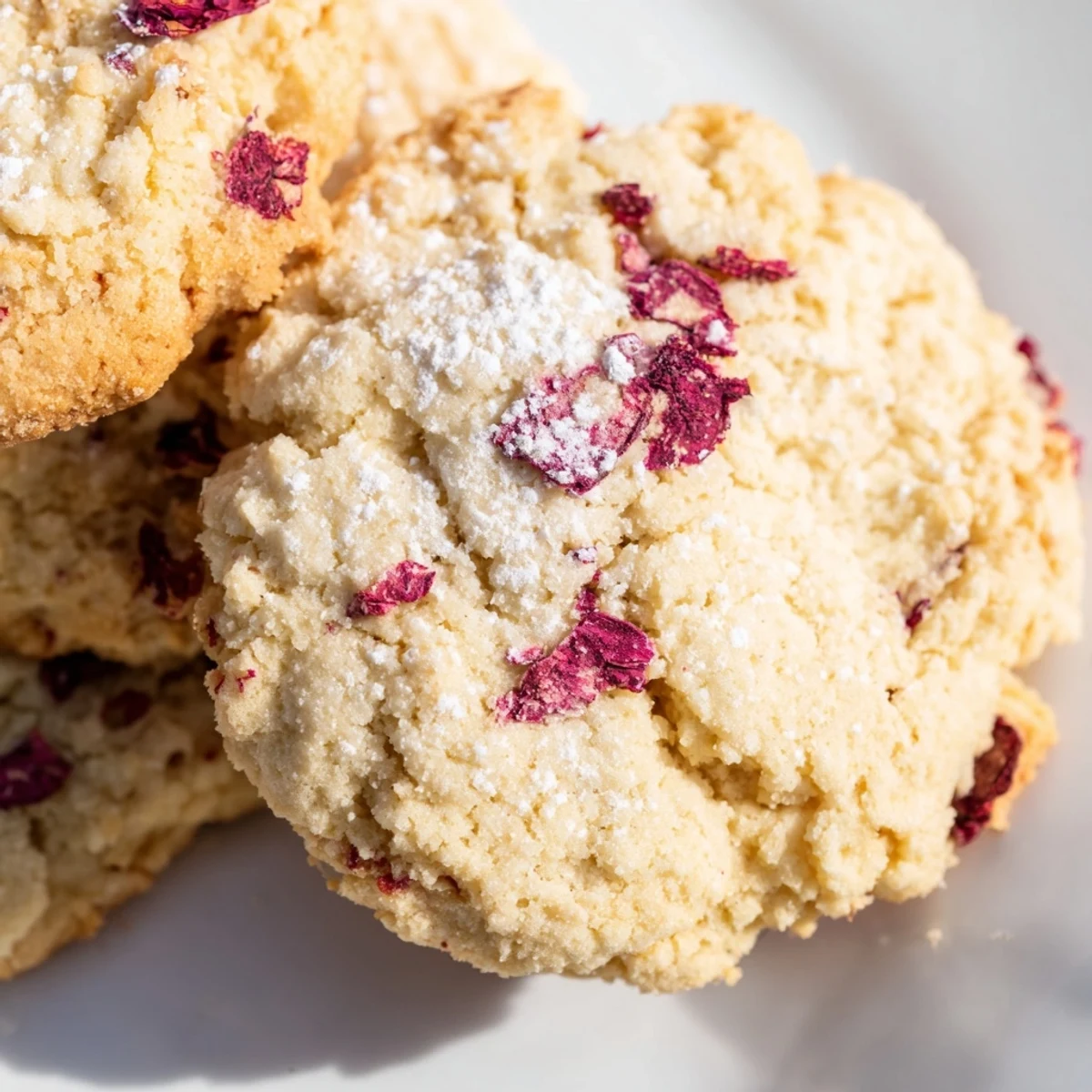 A plate of vegan coconut hibiscus sugar cookies dusted with powdered sugar