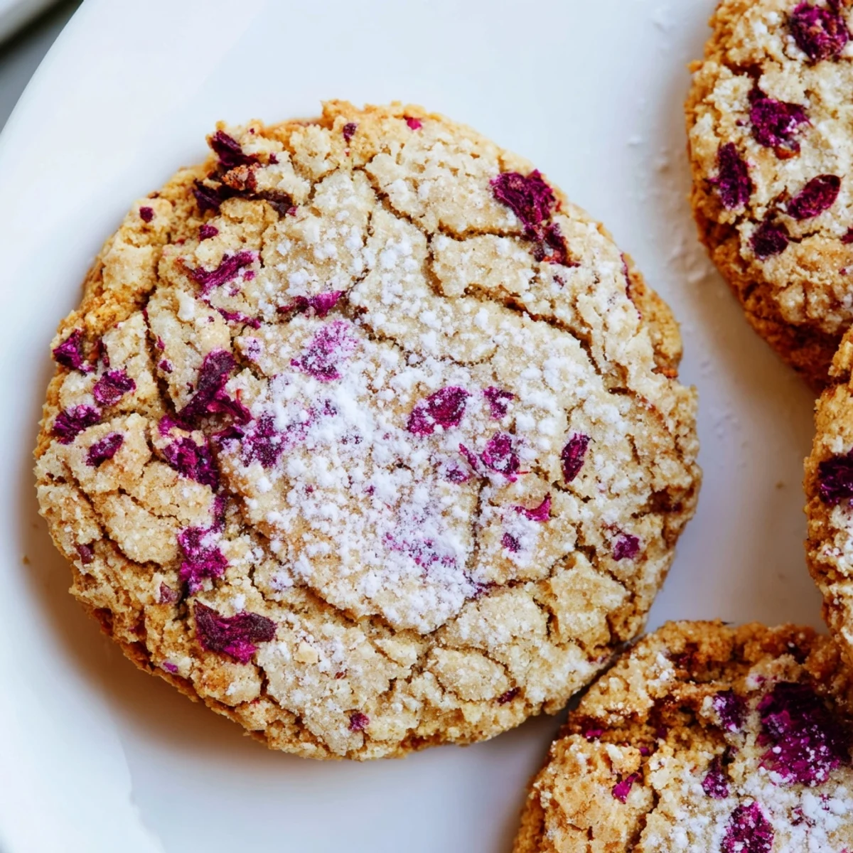 Delicate vegan coconut hibiscus sugar cookies cooling on a wire rack, lightly flecked with crimson