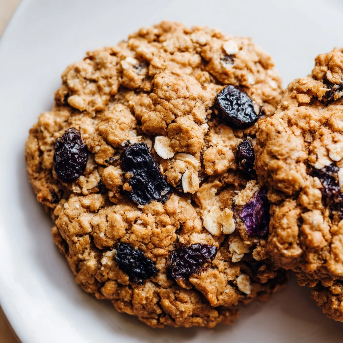 Golden spiced plum oatmeal raisin cookies with crisp edges on a cooling rack