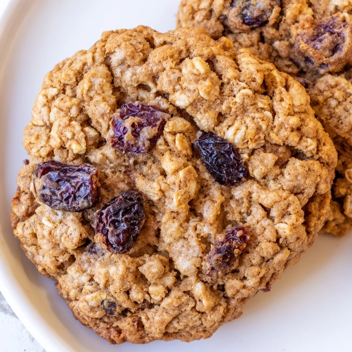 Chewy spiced plum oatmeal raisin cookies studded with fruit on a parchment-lined sheet