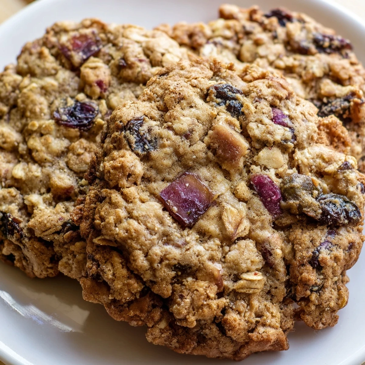 Warm spiced plum oatmeal raisin cookies arranged on a rustic plate beside coffee