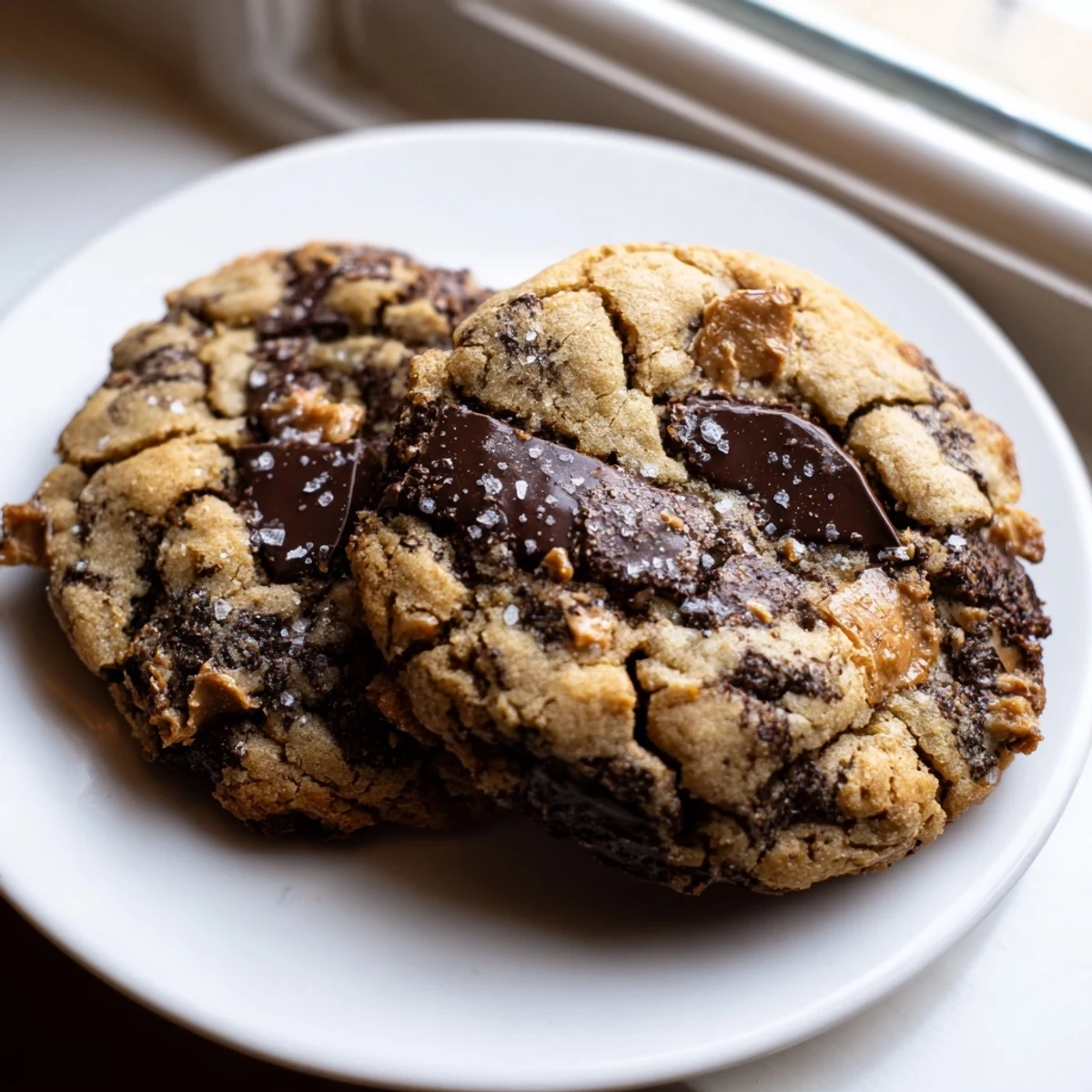Chewy gluten-free dark chocolate toffee crunch cookies with melted chocolate chunks and golden toffee bits on a rustic baking sheet