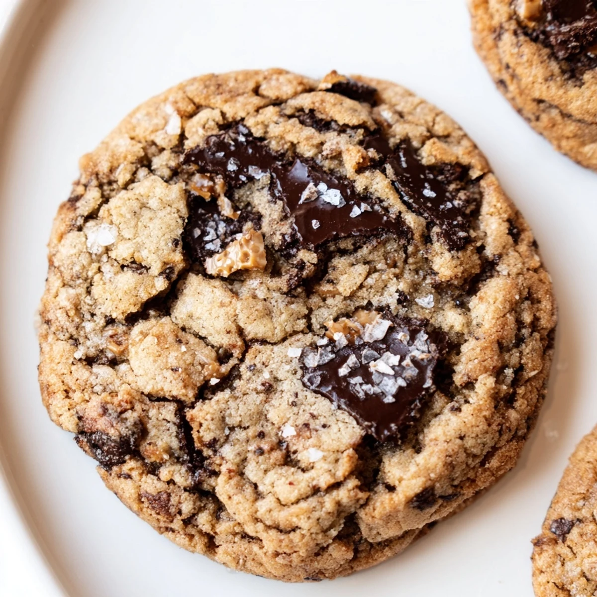 Freshly baked gluten-free dark chocolate toffee crunch cookies cooling on a wire rack with crispy edges and soft centers