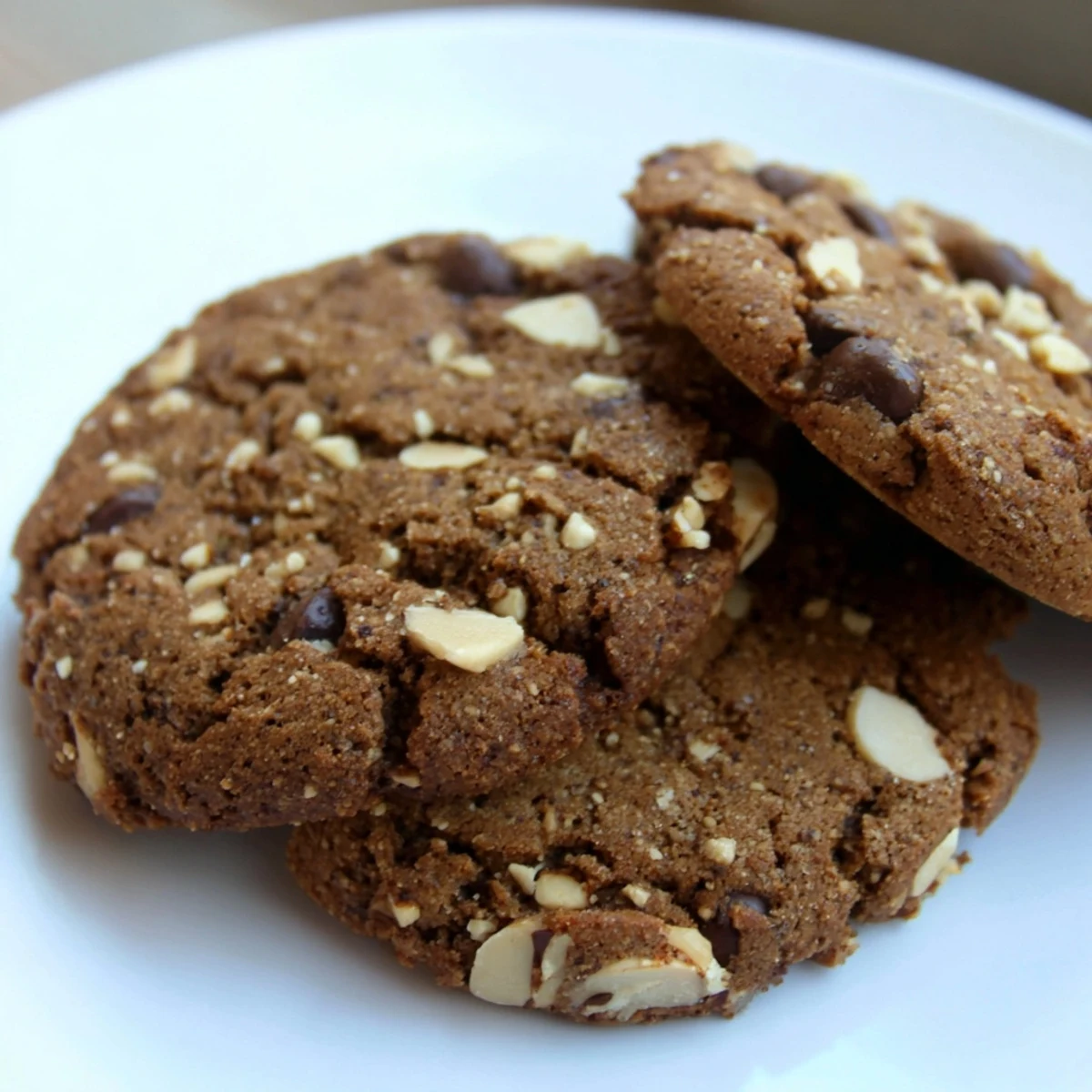 Crisp gluten-free espresso almond crunch cookies with dark chocolate chips stacked on a rustic plate