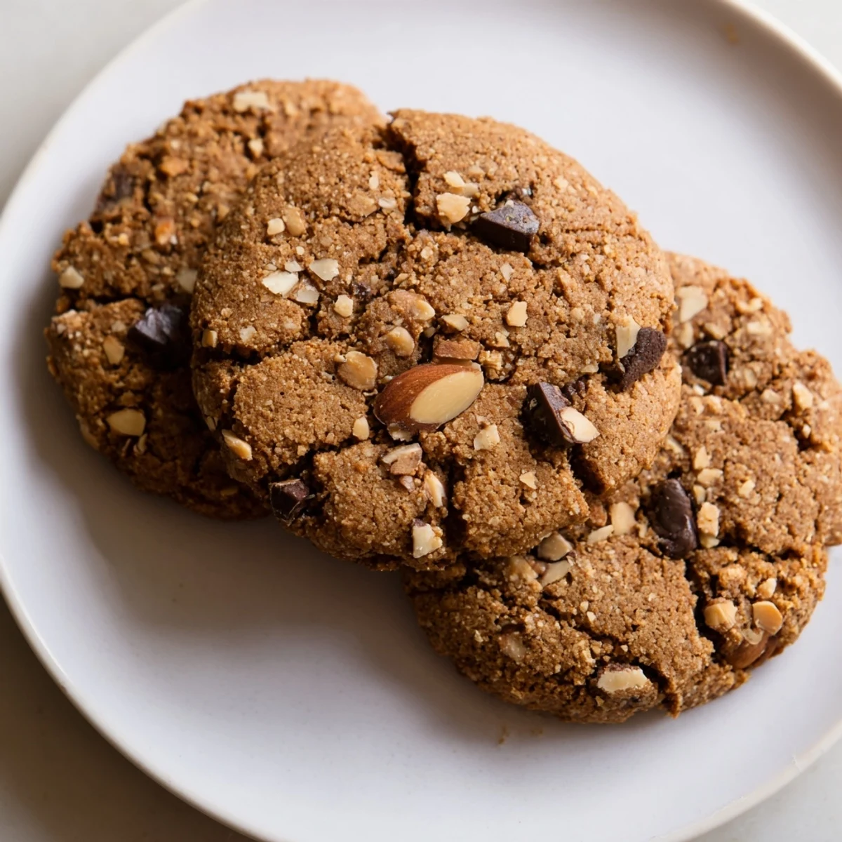 Golden brown gluten-free espresso almond crunch cookies fresh from the oven with visible almond pieces