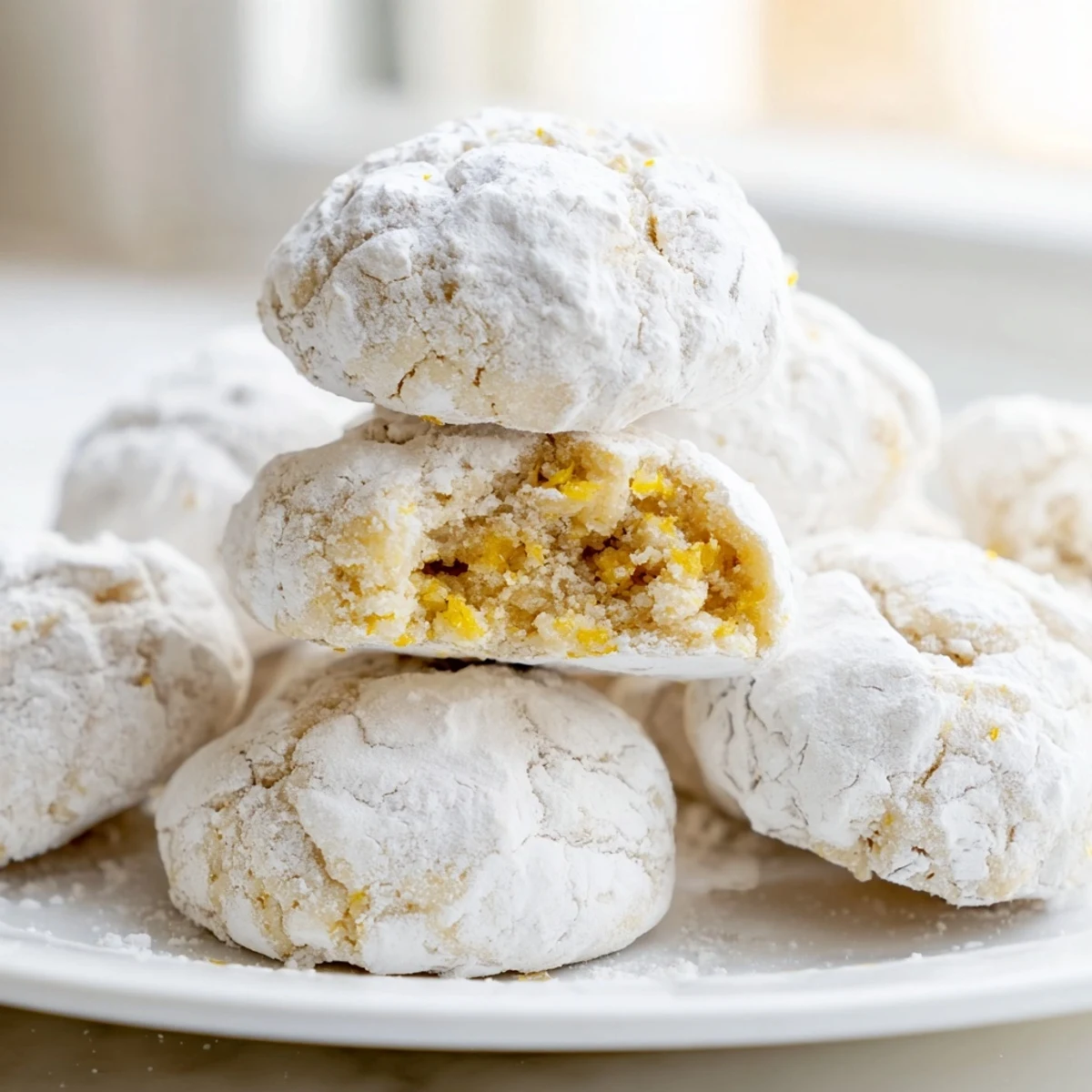 Chewy gluten-free lemon almond crinkle cookies dusted with snowy powdered sugar on rustic parchment