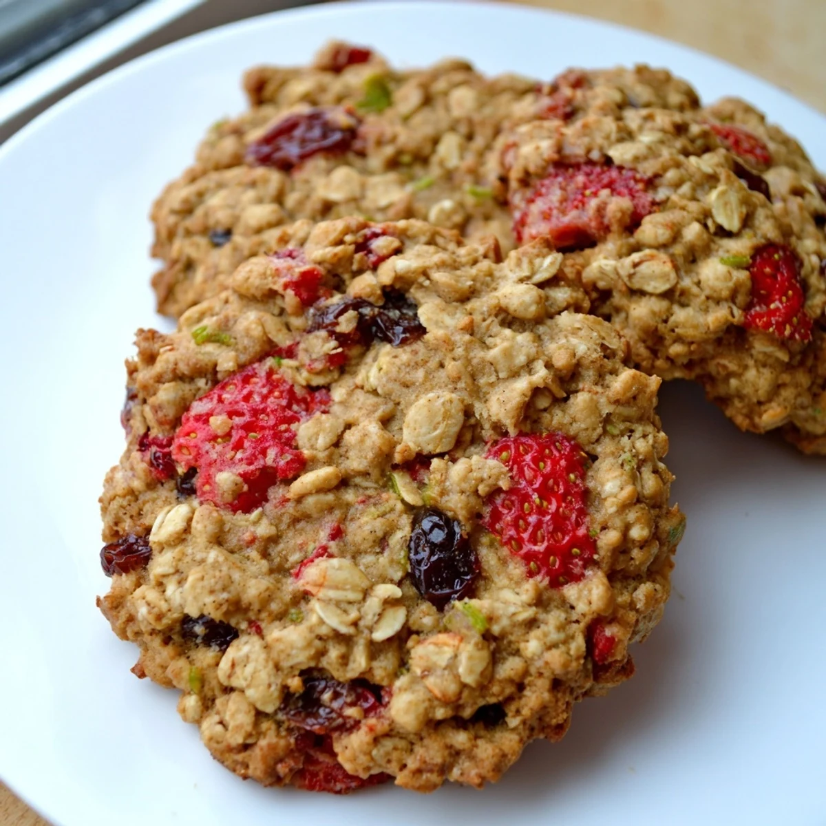 Golden vegan strawberry lime oatmeal raisin cookies fresh from the oven on parchment paper.