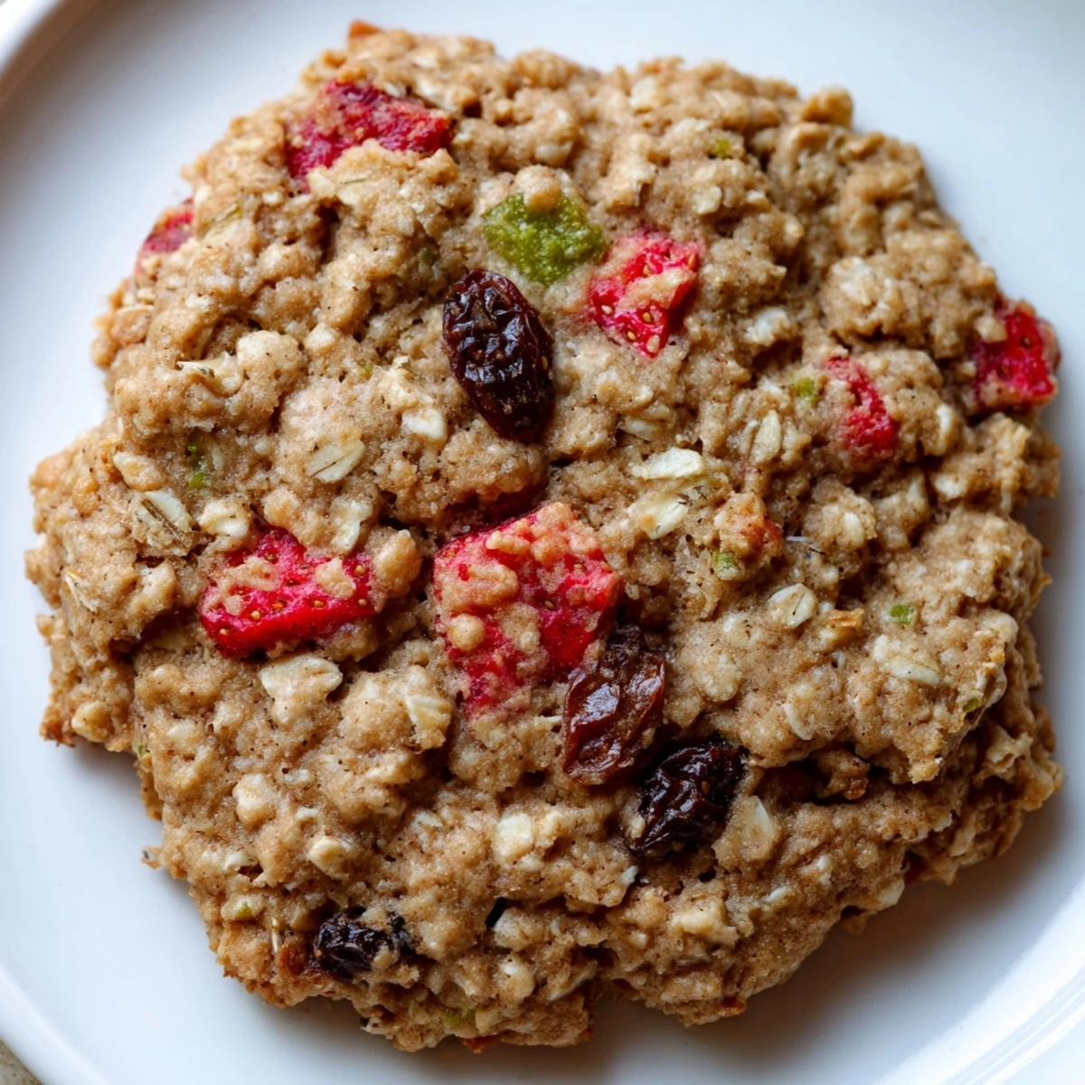 Chewy vegan strawberry lime oatmeal raisin cookies studded with bright fruit on a wire rack.