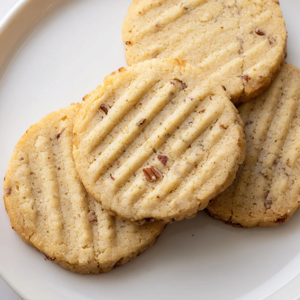 Golden Keto Vanilla Pecan Butter Cookies with cracked edges on a rustic wooden board