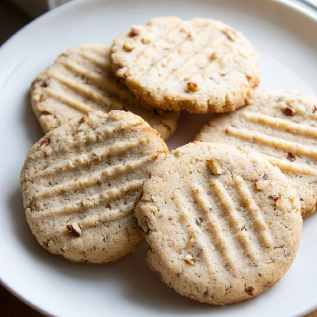 Buttery Keto Vanilla Pecan Butter Cookies topped with chopped nuts and powdered sweetener