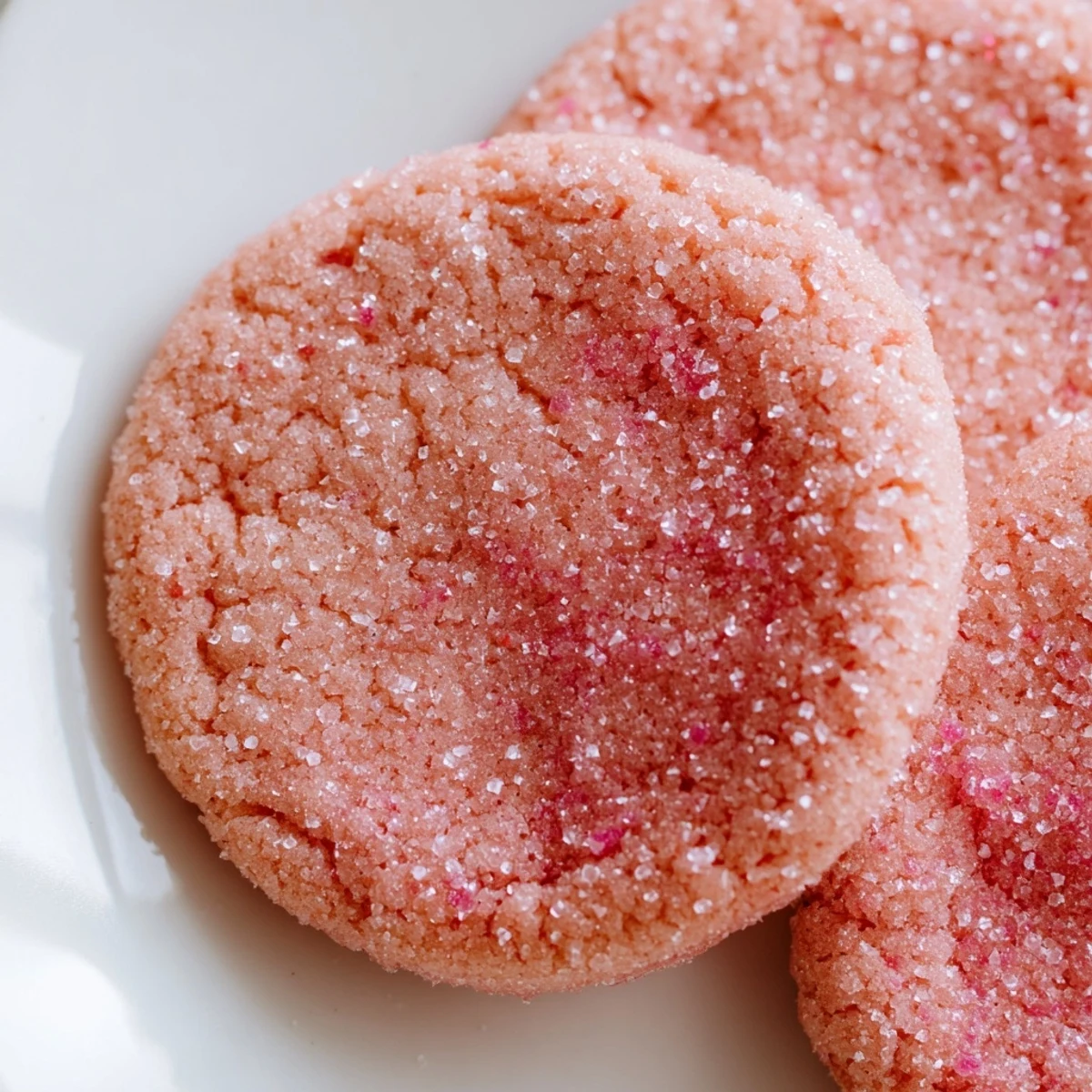 Vibrant pink guava-flecked vegan guava vanilla sugar cookies dusted with sparkling sugar crystals