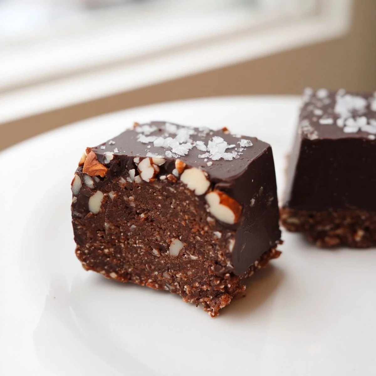 Dark Chocolate Almond Date Fudge Squares topped with crunchy toasted almonds and flaky sea salt