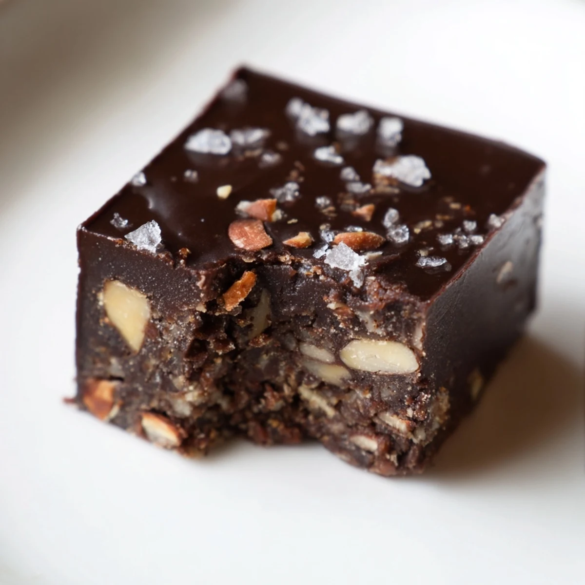 Rich, glossy Dark Chocolate Almond Date Fudge Squares cut into perfectly portioned no-bake dessert bites