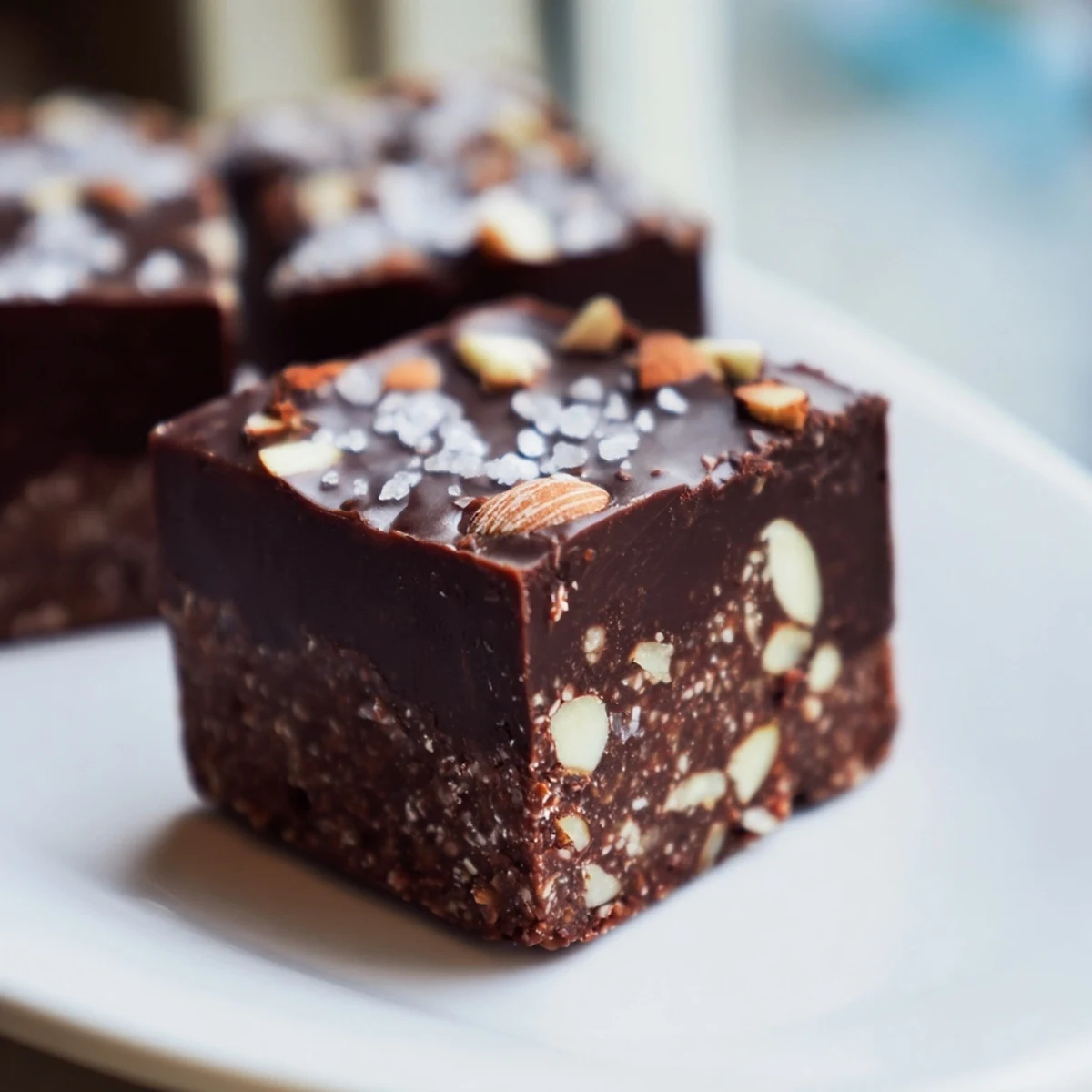 Dark Chocolate Almond Date Fudge Squares with a chewy date crust and smooth chocolate ganache layer