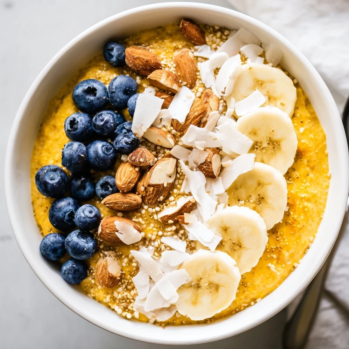 Creamy banana coconut turmeric chia breakfast bowl served in two rustic ceramic dishes